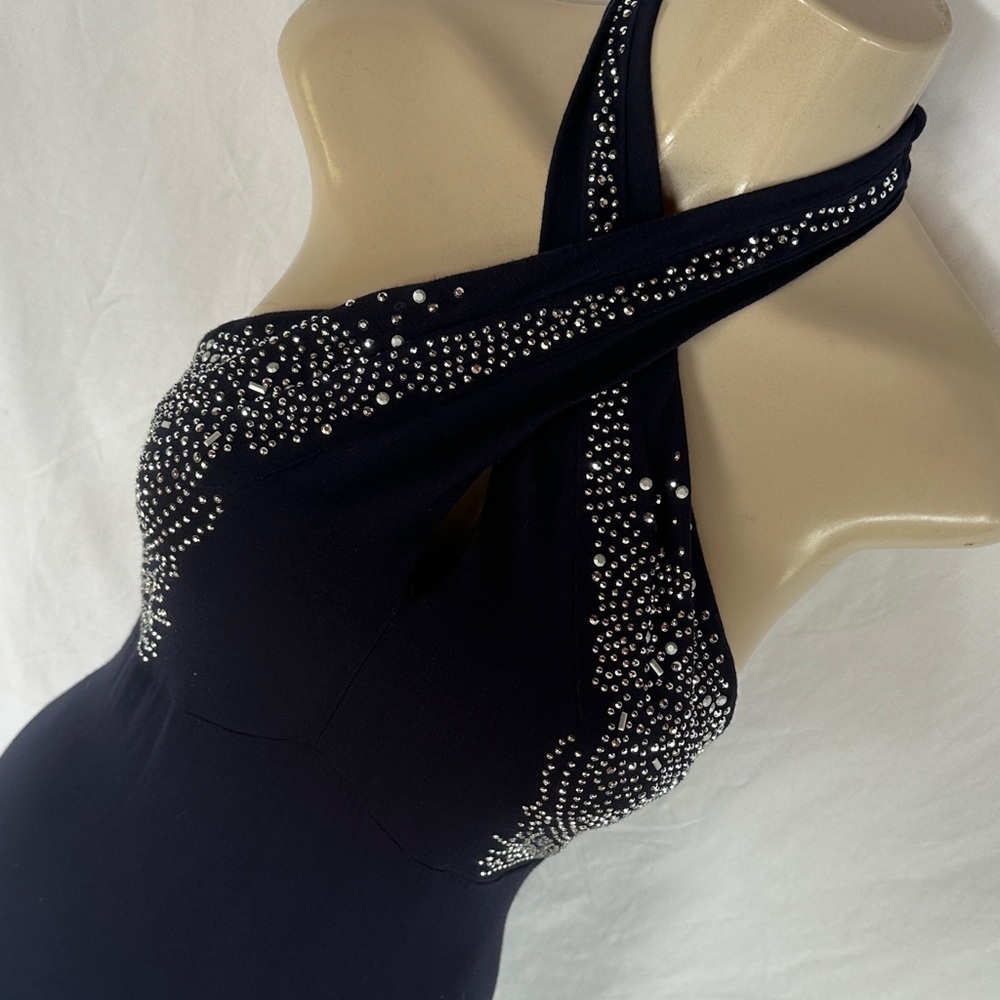 Cache navy blue  stretchy maxi dress Backless with Silver Accents